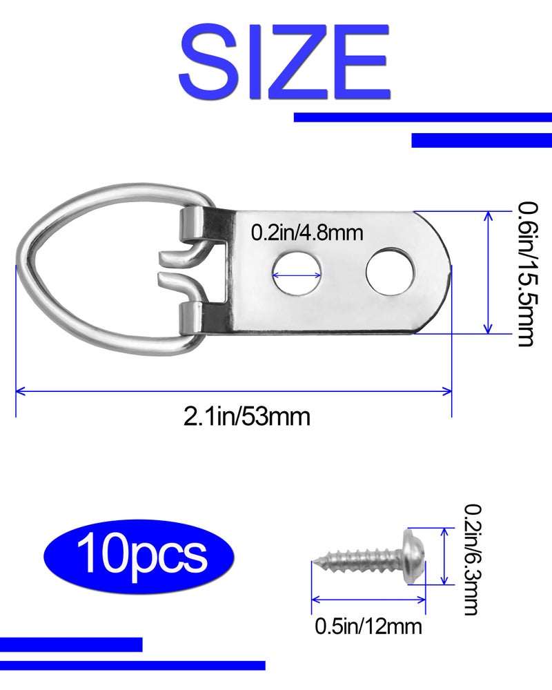 Xuduvay 10 Pcs D-Ring Steel Picture Hangers with 20 Pcs Screws,Heavy Duty Double Holes Picture Hooks for Hanging Clock Paintings , Mirror, Decoration, Paintings - Image 2